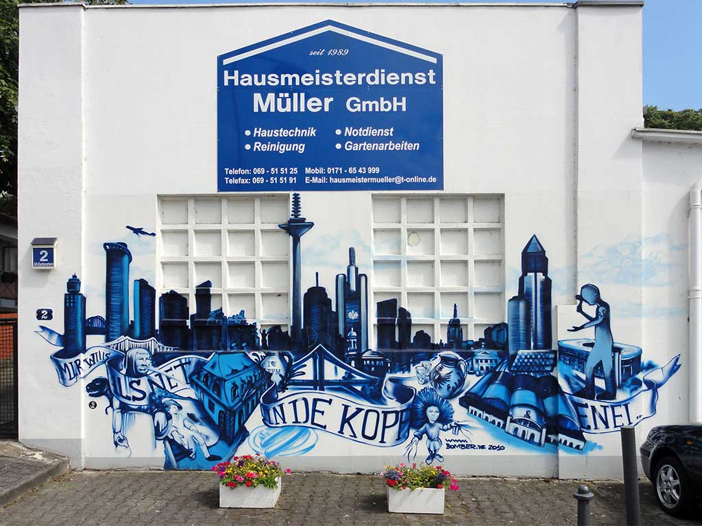 Frankfurter Motive wie Apfelweingläser, Bembel, Hauptwache, Skyline und Stotze-Zitat
