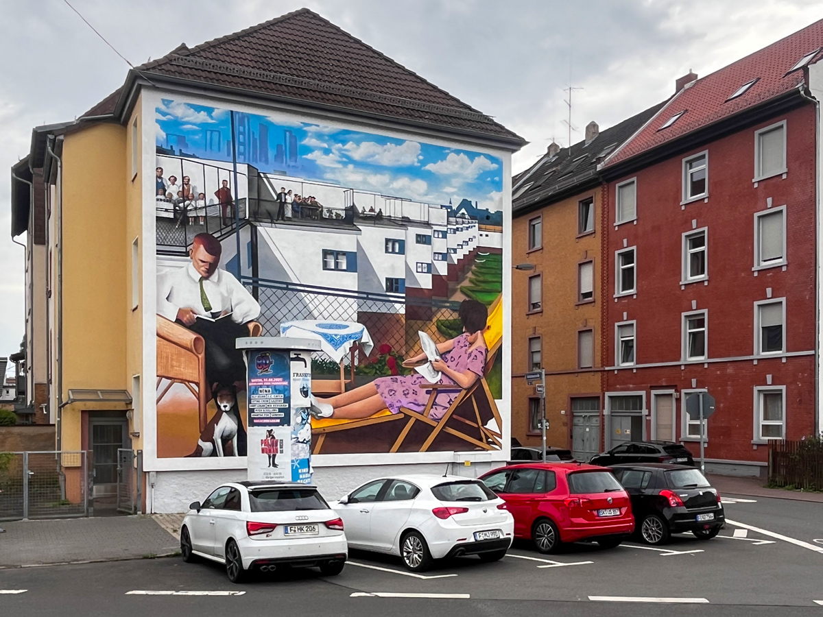 Ernst Mays Siedlung Bruchfeldstraße aus der Zeit des Neuen Frankfurt in Niederrad, gemalt von Cor