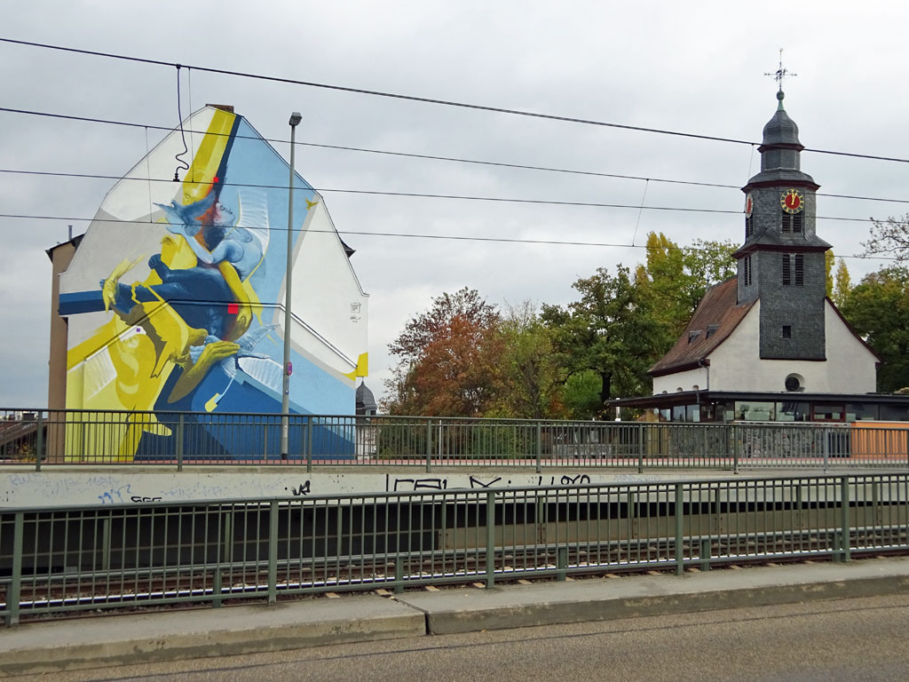 Künstlerisches Mural mit Ballerinas in gelb und blau